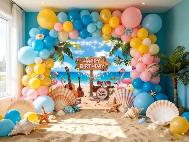 Alt view image 5 of 6 - Summer Happy Birthday Backdrop Hawaiian Tropical Beach Flamingo Flowers Palm Leaves Photography Background Adult Kids Summer Hawaiian Music Birthday Party Decorations Banner Photo Props (10x8FT)