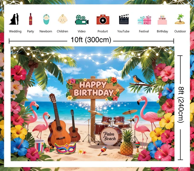 Alt view image 6 of 6 - Summer Happy Birthday Backdrop Hawaiian Tropical Beach Flamingo Flowers Palm Leaves Photography Background Adult Kids Summer Hawaiian Music Birthday Party Decorations Banner Photo Props (10x8FT)