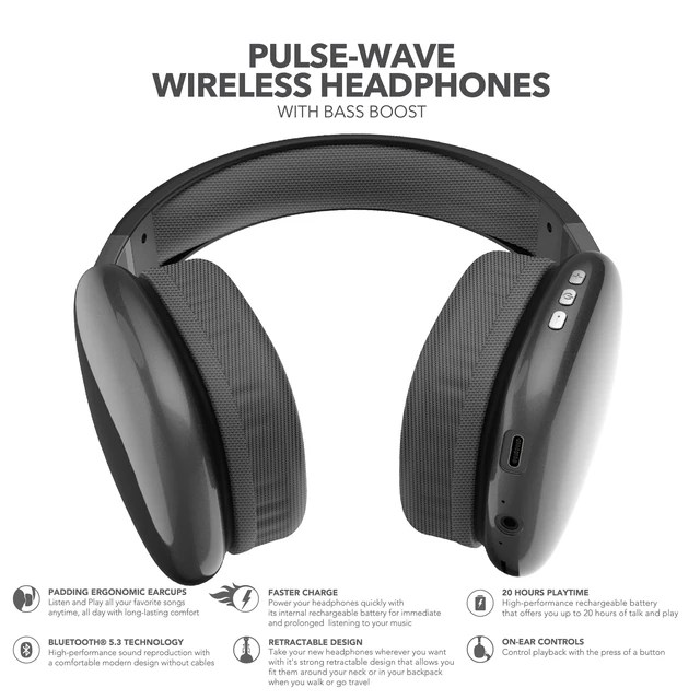 Alt view image 3 of 6 - Wave-56 Wireless Headphones, 40H Battery, Hi-Res Audio, Enhanced Bass, Noise Cancelling, Transparency Mode, Lightweight Over-Ear Bluetooth Headphones with Comfort Fit, Travel-Friendly Black
