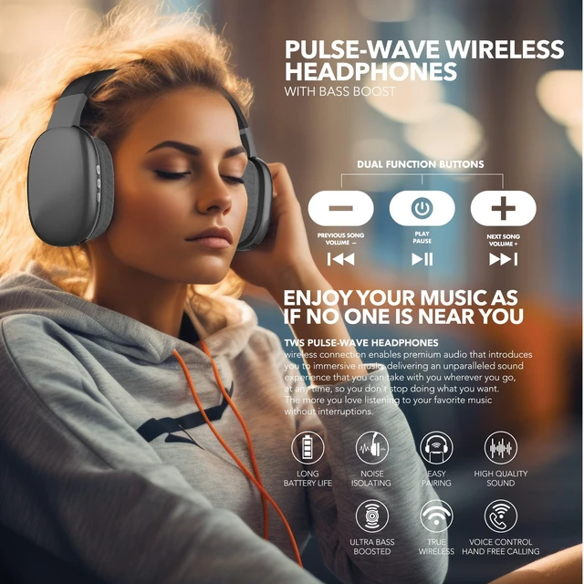 Alt view image 6 of 6 - Wave-56 Wireless Headphones, 40H Battery, Hi-Res Audio, Enhanced Bass, Noise Cancelling, Transparency Mode, Lightweight Over-Ear Bluetooth Headphones with Comfort Fit, Travel-Friendly Black