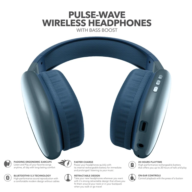 Alt view image 3 of 6 - Wave-56 Wireless Headphones, 40H Battery, Hi-Res Audio, Enhanced Bass, Noise Cancelling, Transparency Mode, Lightweight Over-Ear Bluetooth Headphones with Comfort Fit, Travel-Friendly (Navy)