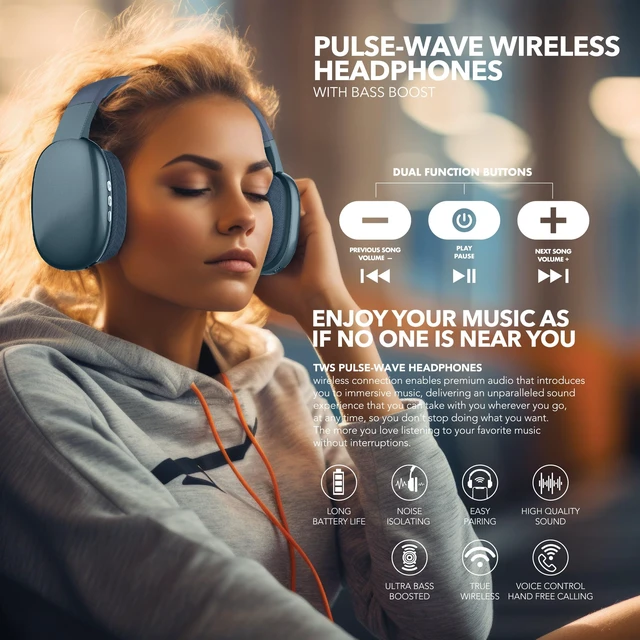 Alt view image 6 of 6 - Wave-56 Wireless Headphones, 40H Battery, Hi-Res Audio, Enhanced Bass, Noise Cancelling, Transparency Mode, Lightweight Over-Ear Bluetooth Headphones with Comfort Fit, Travel-Friendly (Navy)