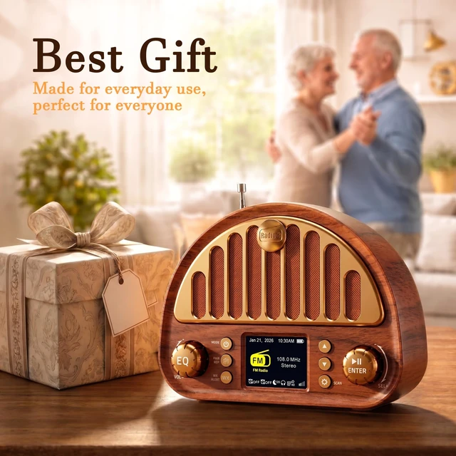 Alt view image 7 of 7 - Retro Portable FM Radio with NOAA Weather Alert & Bluetooth MicroSD playback, 40 presets, dual alarms, sleep timer, clock/date display, 3000mAh rechargeable battery for bedroom and home