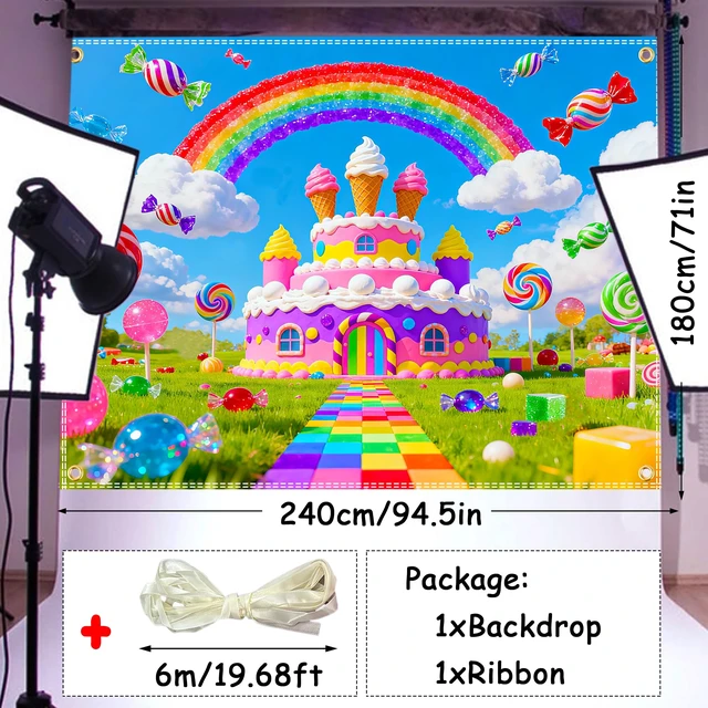 Alt view image 2 of 6 - 8x6ft Candyland Backdrop Candyland Party Decorations Candy Land Banner SweetCastle Photography Candy Land Back Drops Ice Cream Castle Rainbow with 19.68ft Ribbon
