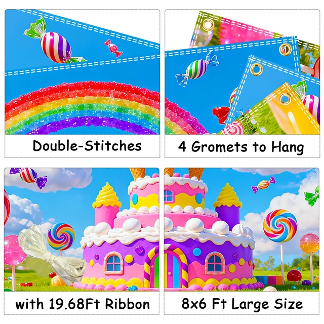 Alt view image 4 of 6 - 8x6ft Candyland Backdrop Candyland Party Decorations Candy Land Banner SweetCastle Photography Candy Land Back Drops Ice Cream Castle Rainbow with 19.68ft Ribbon