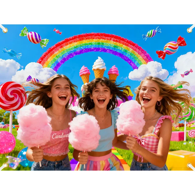 Alt view image 5 of 6 - 8x6ft Candyland Backdrop Candyland Party Decorations Candy Land Banner SweetCastle Photography Candy Land Back Drops Ice Cream Castle Rainbow with 19.68ft Ribbon