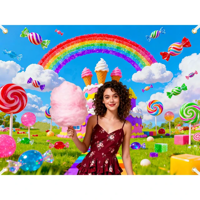 Alt view image 6 of 6 - 8x6ft Candyland Backdrop Candyland Party Decorations Candy Land Banner SweetCastle Photography Candy Land Back Drops Ice Cream Castle Rainbow with 19.68ft Ribbon