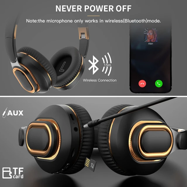 Alt view image 3 of 7 - H7 Foldable Over-the-Ear Wireless Bluetooth Headphones, Black 30H Playingtime,HiFi surround sound and 1.5m Audio Cable,Soft Lightweight Headset With Mic,for Android and iOS,Gift,Study