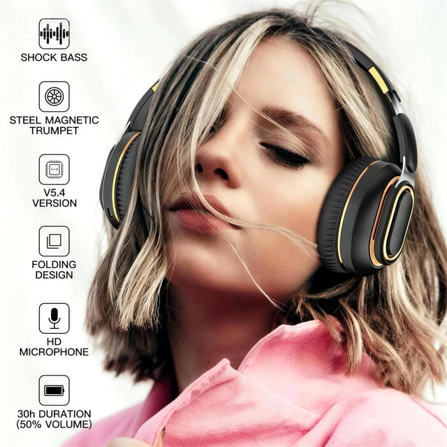 Alt view image 4 of 7 - H7 Foldable Over-the-Ear Wireless Bluetooth Headphones, Black 30H Playingtime,HiFi surround sound and 1.5m Audio Cable,Soft Lightweight Headset With Mic,for Android and iOS,Gift,Study