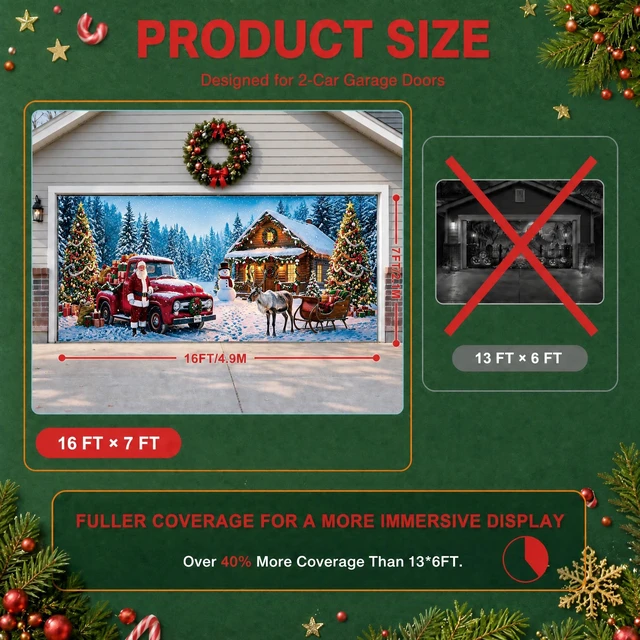 Alt view image 2 of 7 - Christmas Garage Door Cover, 7' x 16' Snowy Christmas Cottage Design Dual-Fastening, HD Printing, Cinematic Visuals, Easy Setup & Removal, Premium Fabric, Wall Banner, Party Backdrop