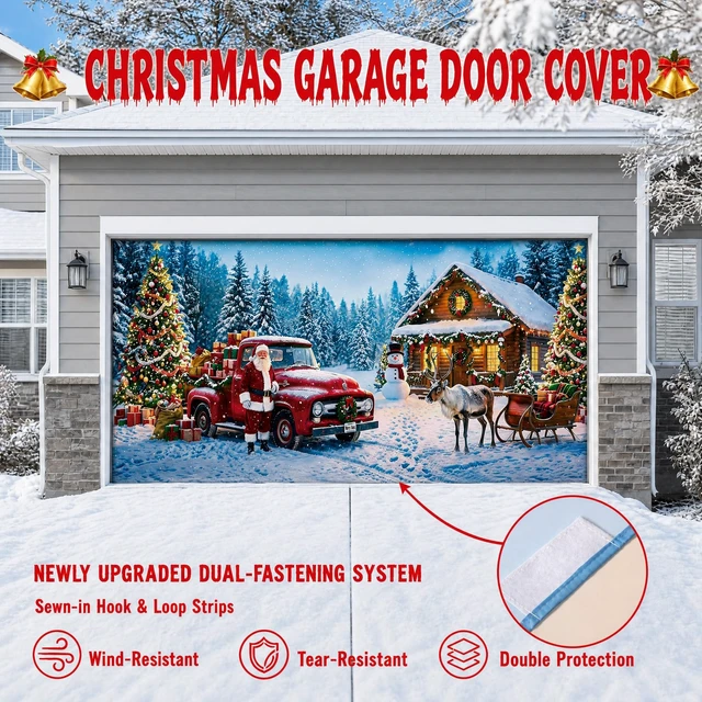 Alt view image 4 of 7 - Christmas Garage Door Cover, 7' x 16' Snowy Christmas Cottage Design Dual-Fastening, HD Printing, Cinematic Visuals, Easy Setup & Removal, Premium Fabric, Wall Banner, Party Backdrop