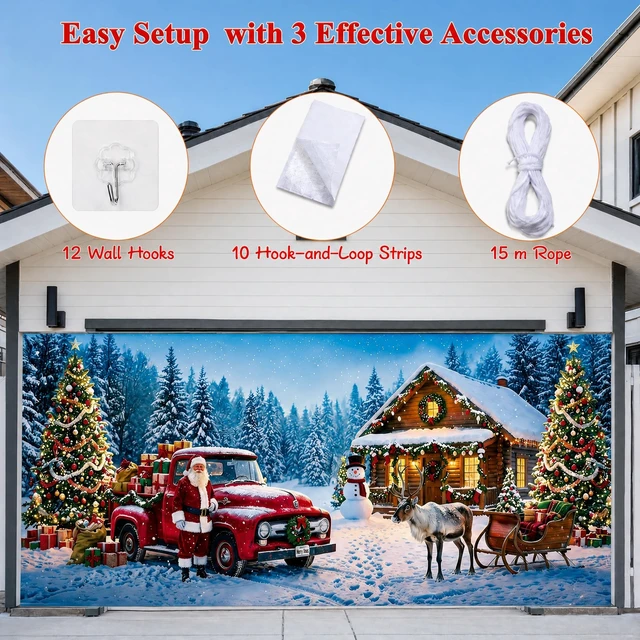 Alt view image 5 of 7 - Christmas Garage Door Cover, 7' x 16' Snowy Christmas Cottage Design Dual-Fastening, HD Printing, Cinematic Visuals, Easy Setup & Removal, Premium Fabric, Wall Banner, Party Backdrop
