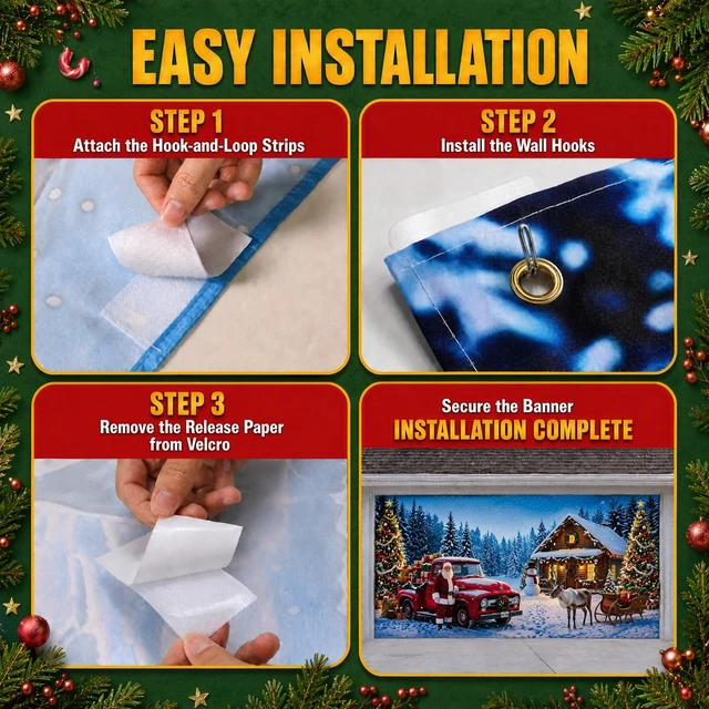 Alt view image 6 of 7 - Christmas Garage Door Cover, 7' x 16' Snowy Christmas Cottage Design Dual-Fastening, HD Printing, Cinematic Visuals, Easy Setup & Removal, Premium Fabric, Wall Banner, Party Backdrop