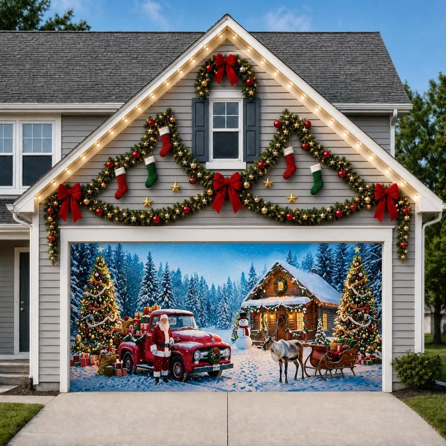 Alt view image 7 of 7 - Christmas Garage Door Cover, 7' x 16' Snowy Christmas Cottage Design Dual-Fastening, HD Printing, Cinematic Visuals, Easy Setup & Removal, Premium Fabric, Wall Banner, Party Backdrop