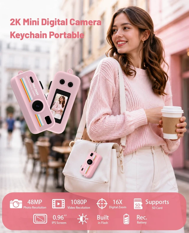 Alt view image 2 of 6 - Compact Retro Digital Camera 2K HD 16X Zoom LED Fill Light Keychain Version Vintage Filters Easy Single Button Control Portable Pocket Camera for Boys Girls and Teens