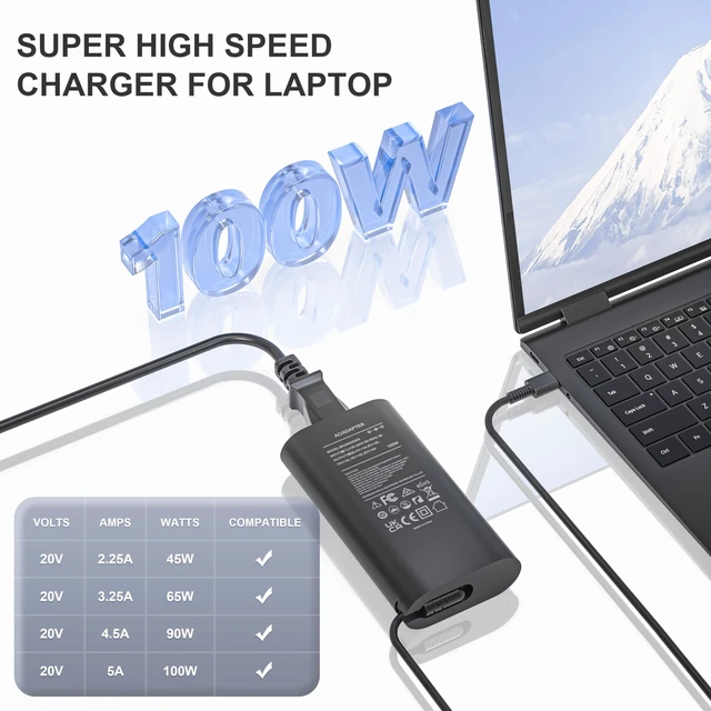 Alt view image 2 of 7 - 100W USB-C Charger for Dell Laptop Precision 3541 3560 3561 3580 5770 5680 20V 5A Type-C Laptop AC Adapter for XPS 14 9440 Latitude 5420 5530 5540 3440 7420 9450 9440 2-in-1 Inspiron 14 7440 16 7640