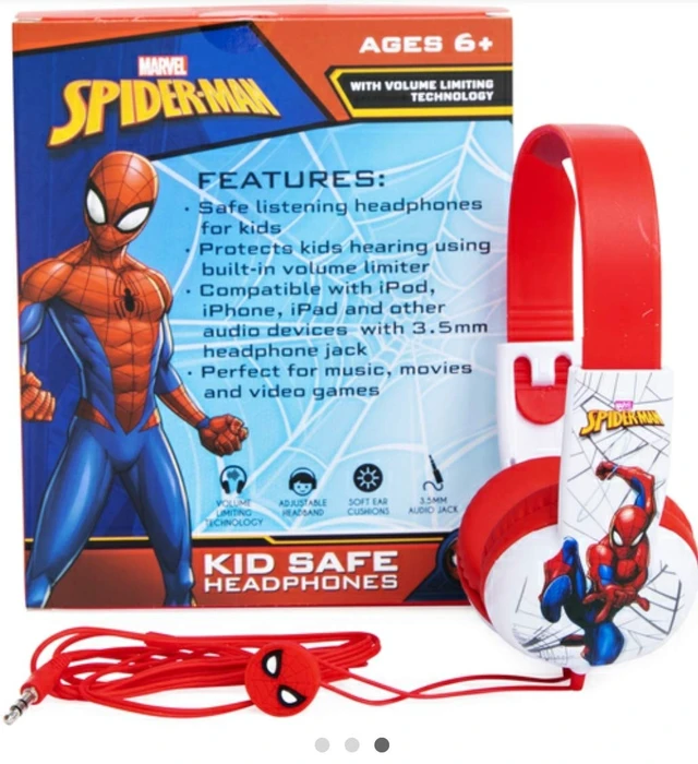 Alt view image 2 of 2 - Spider Man Kid Safe Headphones for Toddlers (Small Headphones) Best for Ages 2 to 5 yrs Old Over The Ear Padded Cushions Flying on a Web Design