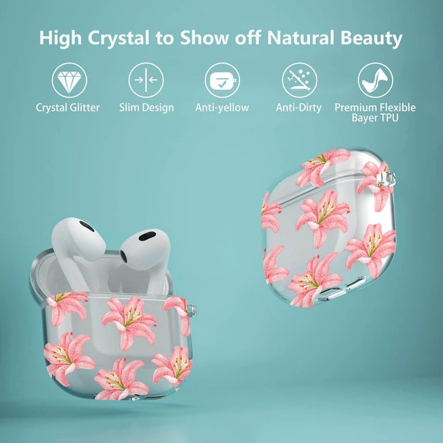 Alt view image 3 of 7 - for Airpods 4 Case Clear,Cute Lily Flower Blossom Floral Case for Airpod 4 Case Cover,Soft TPU Skin with Girly Flower Pearl Keychain&Cleaning Pen for AirPods 4th Generation Cover Women Girls