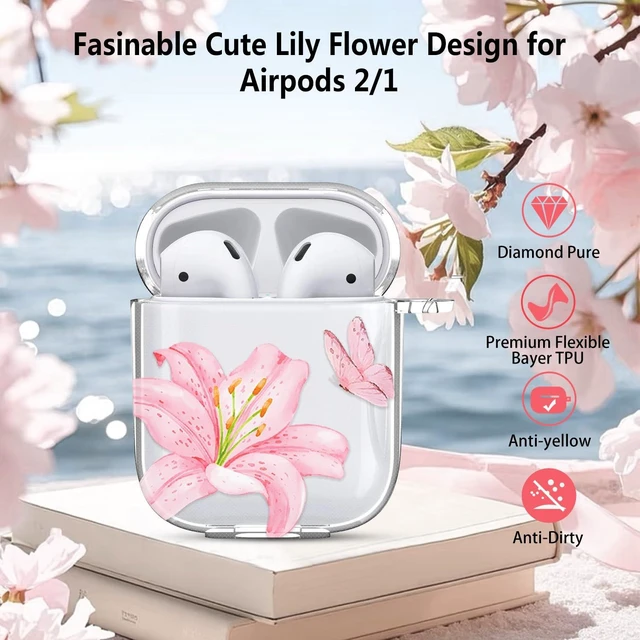 Alt view image 3 of 7 - for Airpods 2/1 Case Clear,Cute Lily Flower Floral Case Soft TPU for Airpods 1/2 Case Cover with Girly Flower Pearl Keychain&Cleaning Pen for Airpods 2 Cover Women Girl