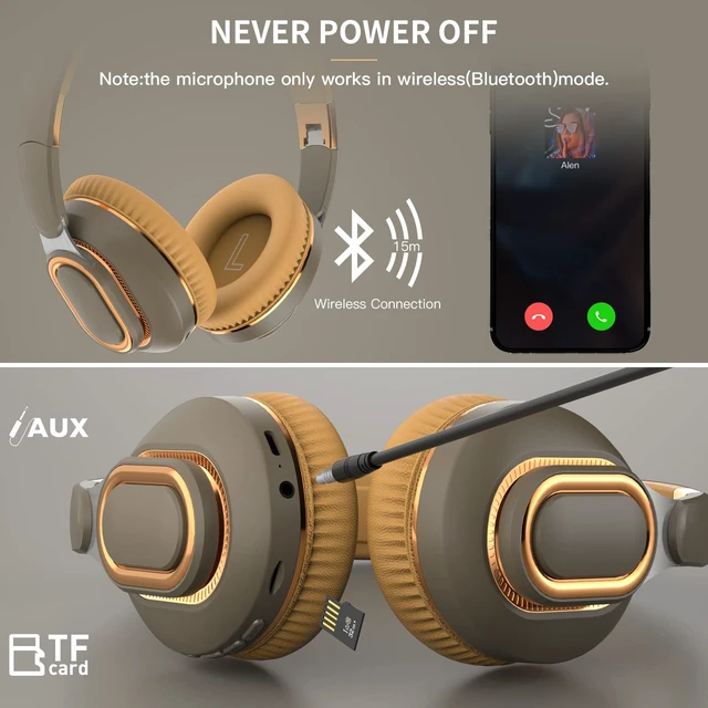 Alt view image 3 of 7 - H7 Foldable Bluetooth Wireless Over Ear Headphones, Brown-Green 30H Playtime,1.5m Audio Cable, HiFi Stereo Lightweight Headset,With Mic,For Travel/Gift/PC/Office/Cellphone