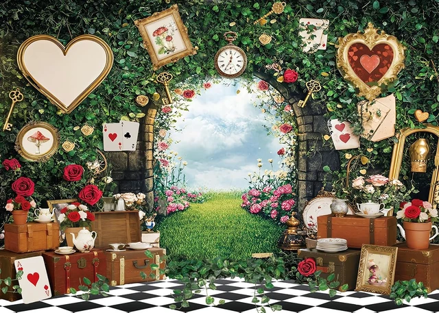 Alt view image 2 of 7 - Wonderland Tea Party Backdrop Green Leaves Rose Flowers Checkerboard Fairy Tale Photography Background Princess Girls Baby Shower Birthday Party Decorations Banner Portrait Photo Props (7x5FT)