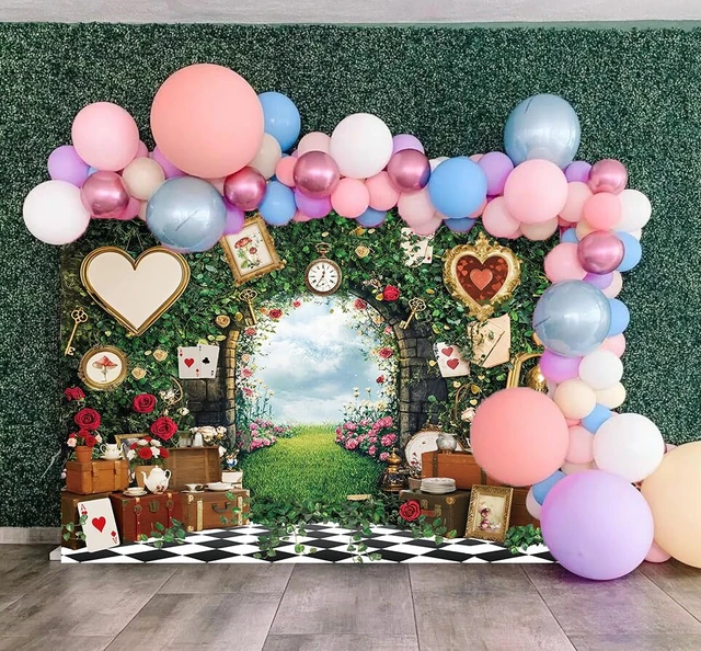 Alt view image 3 of 7 - Wonderland Tea Party Backdrop Green Leaves Rose Flowers Checkerboard Fairy Tale Photography Background Princess Girls Baby Shower Birthday Party Decorations Banner Portrait Photo Props (7x5FT)