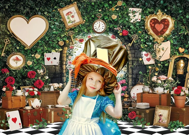 Alt view image 4 of 7 - Wonderland Tea Party Backdrop Green Leaves Rose Flowers Checkerboard Fairy Tale Photography Background Princess Girls Baby Shower Birthday Party Decorations Banner Portrait Photo Props (7x5FT)