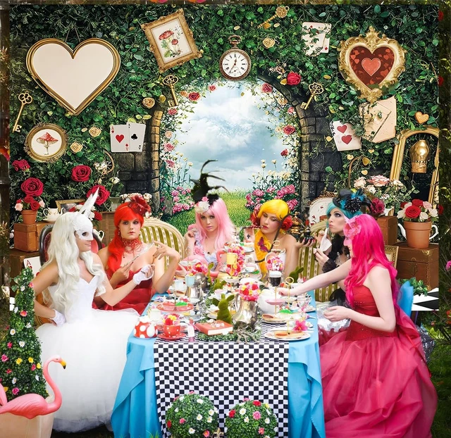 Alt view image 6 of 7 - Wonderland Tea Party Backdrop Green Leaves Rose Flowers Checkerboard Fairy Tale Photography Background Princess Girls Baby Shower Birthday Party Decorations Banner Portrait Photo Props (7x5FT)