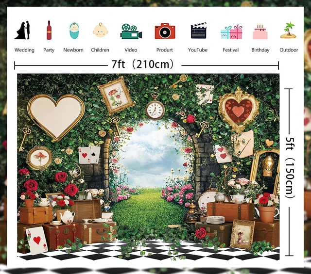 Alt view image 7 of 7 - Wonderland Tea Party Backdrop Green Leaves Rose Flowers Checkerboard Fairy Tale Photography Background Princess Girls Baby Shower Birthday Party Decorations Banner Portrait Photo Props (7x5FT)