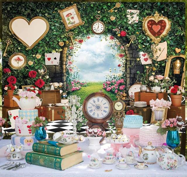 Alt view image 5 of 7 - Wonderland Tea Party Backdrop Green Leaves Rose Flowers Checkerboard Fairy Tale Photography Background Princess Girls Baby Shower Birthday Party Decorations Banner Portrait Photo Props (7x5FT)