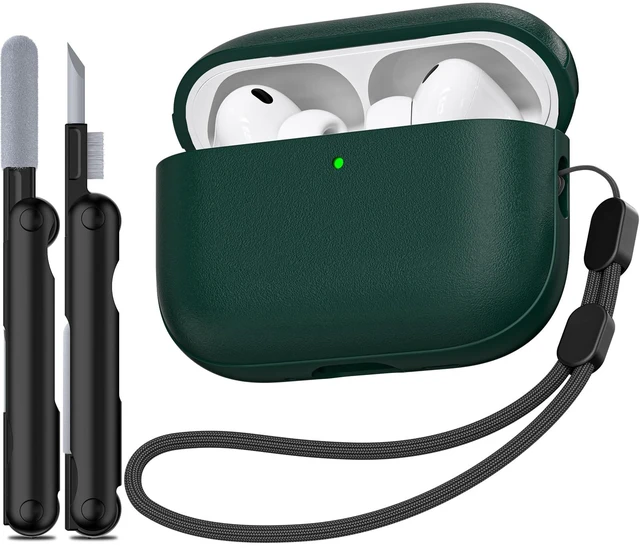 Main image of for AirPods Pro 3 Case 2025, (Leather Texture) Full-Body Protective Airpods Pro 3rd Generation Case with Lanyard & Cleaner Kit, Wireless Charging Support, Front LED Visible (Green)