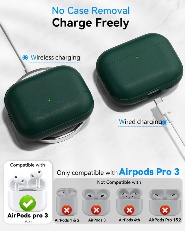 Alt view image 3 of 7 - for AirPods Pro 3 Case 2025, (Leather Texture) Full-Body Protective Airpods Pro 3rd Generation Case with Lanyard & Cleaner Kit, Wireless Charging Support, Front LED Visible (Green)