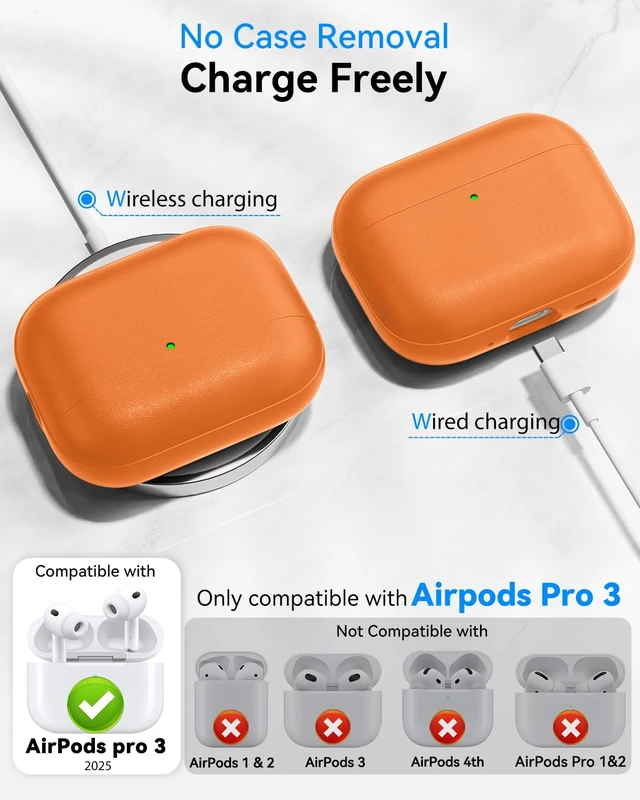 Alt view image 2 of 7 - for AirPods Pro 3 Case 2025, (Leather Texture) Full-Body Protective Airpods Pro 3rd Generation Case with Lanyard & Cleaner Kit, Wireless Charging Support, Front LED Visible (Orange)