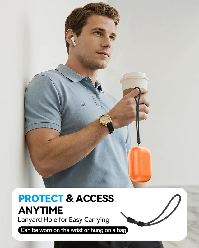 Alt view image 6 of 7 - for AirPods Pro 3 Case 2025, (Leather Texture) Full-Body Protective Airpods Pro 3rd Generation Case with Lanyard & Cleaner Kit, Wireless Charging Support, Front LED Visible (Orange)