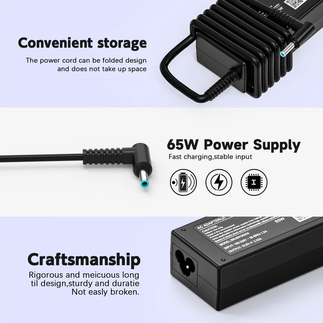 Alt view image 4 of 5 - 65W Laptop Charger for HP EliteBook 820 830 840 845 850 855 1020 1030 1040 G9 G8 G7 G6 G5 G4 G3 AC Adapter Power Cord 19.5V