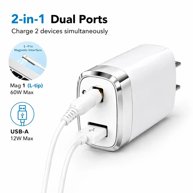 Alt view image 4 of 7 - Mac Book Pro Charger 60W L-Tip Mag 1 Power Adapter for 13" Before Mid 2012 Mag-netic 1 Charger Laptop Charger Compatible with old Mac Book Pro A1278 A1342 A1344 A1330 A1181 A1184 A1185