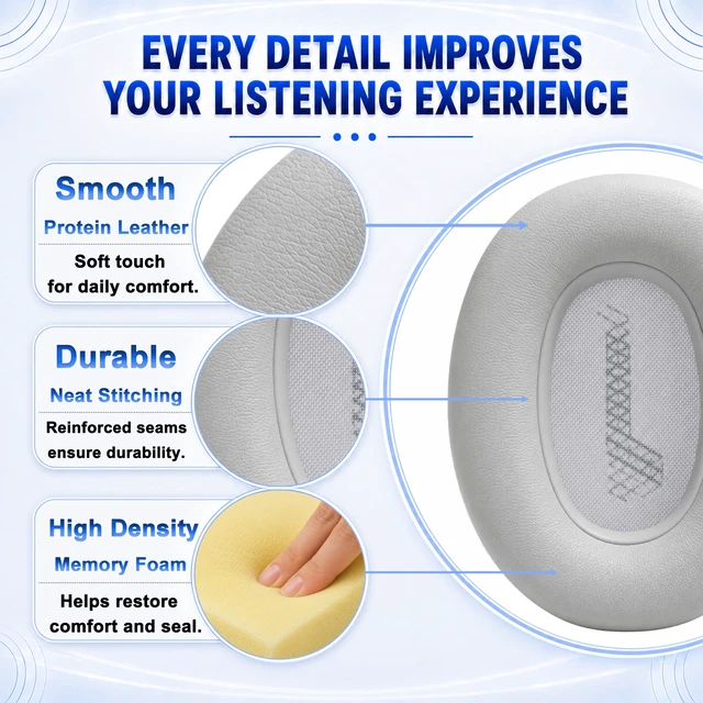 Alt view image 6 of 7 - Replacement Ear Pads for JBL E65BTNC/Live 650BTNC/Live 770NC/Live 660NC/Duet NC Headphone, Extra Thick Cushions, Ear Cups Cover, Soft LeatherMemory Foam Headset Earpads (Gray)