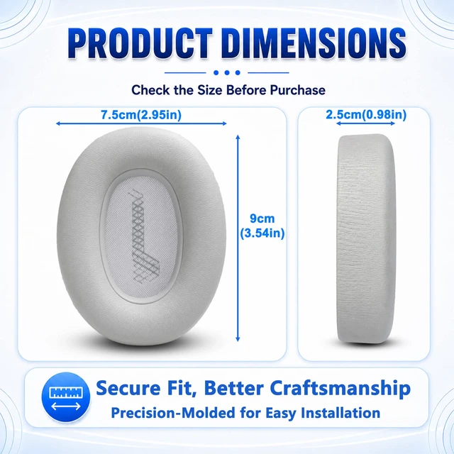 Alt view image 7 of 7 - Replacement Ear Pads for JBL E65BTNC/Live 650BTNC/Live 770NC/Live 660NC/Duet NC Headphone, Extra Thick Cushions, Ear Cups Cover, Soft LeatherMemory Foam Headset Earpads (Gray)
