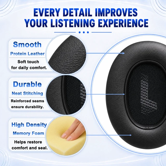 Alt view image 6 of 7 - Replacement Ear Pads for JBL E65BTNC/Live 650BTNC/Live 770NC/Live 660NC/Duet NC Headphone, Extra Thick Cushions, Ear Cups Cover, Soft LeatherMemory Foam Headset Earpads (Black)