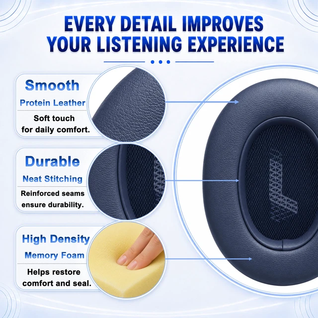 Alt view image 6 of 7 - Replacement Ear Pads for JBL E65BTNC/Live 650BTNC/Live 770NC/Live 660NC/Duet NC Headphone, Extra Thick Cushions, Ear Cups Cover, Soft LeatherMemory Foam Headset Earpads (Blue)