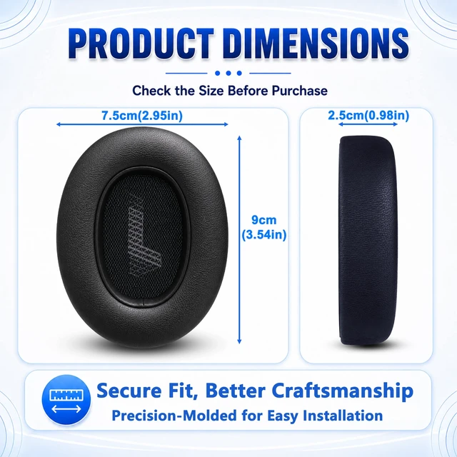Alt view image 7 of 7 - Replacement Ear Pads for JBL E65BTNC/Live 650BTNC/Live 770NC/Live 660NC/Duet NC Headphone, Extra Thick Cushions, Ear Cups Cover, Soft LeatherMemory Foam Headset Earpads (Black)