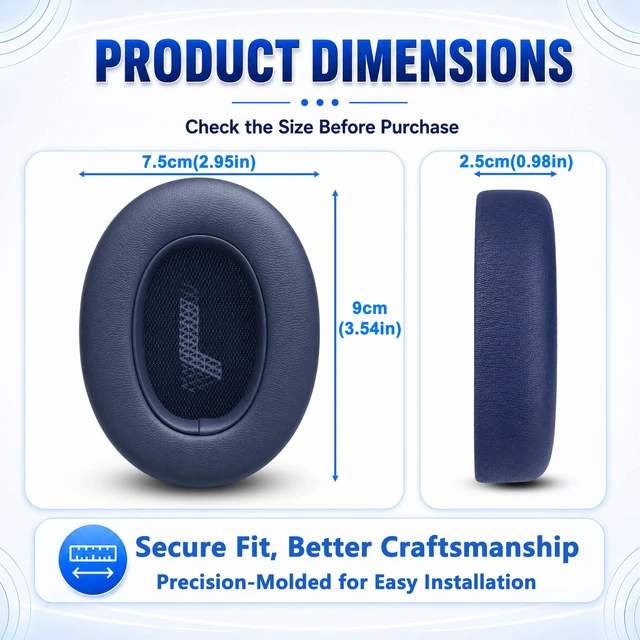 Alt view image 7 of 7 - Replacement Ear Pads for JBL E65BTNC/Live 650BTNC/Live 770NC/Live 660NC/Duet NC Headphone, Extra Thick Cushions, Ear Cups Cover, Soft LeatherMemory Foam Headset Earpads (Blue)