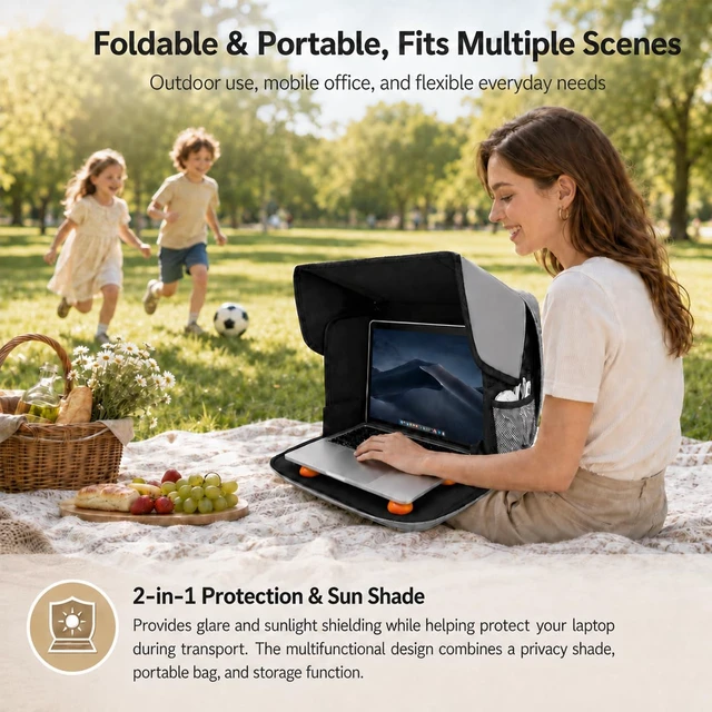 Alt view image 7 of 7 - Laptop Sun Shade for 13-16 Inch Devices with 4 Anti-Slip Support Feet Foldable privacy tent for working outside, travel, and outdoor use, helping improve screen visibility and portability
