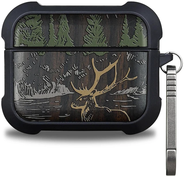 Main image of Black Solid Wood for AirPods Pro 3 Case (2025), Mountain Majesty AirPods Pro Case 3rd Generation, Titanium metal Quick Released Keychain, Compatible with Wireless Charging, Hand-Drawn Style