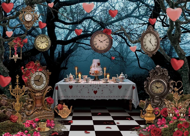 Alt view image 2 of 7 - Wonderland Enchanted Forest Backdrop Rose Floral Pocket Watch Cake Table Checkerboard Tea Party Photography Background Kids Adult Birthday Baby Shower Halloween Party Decor Banner Photo Props (8x6FT)