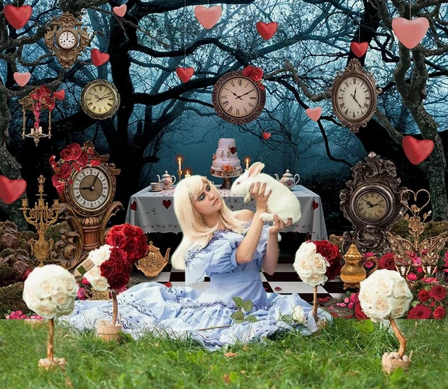 Alt view image 3 of 7 - Wonderland Enchanted Forest Backdrop Rose Floral Pocket Watch Cake Table Checkerboard Tea Party Photography Background Kids Adult Birthday Baby Shower Halloween Party Decor Banner Photo Props (8x6FT)