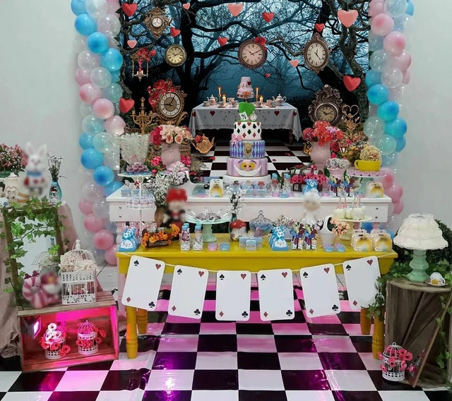 Alt view image 4 of 7 - Wonderland Enchanted Forest Backdrop Rose Floral Pocket Watch Cake Table Checkerboard Tea Party Photography Background Kids Adult Birthday Baby Shower Halloween Party Decor Banner Photo Props (8x6FT)