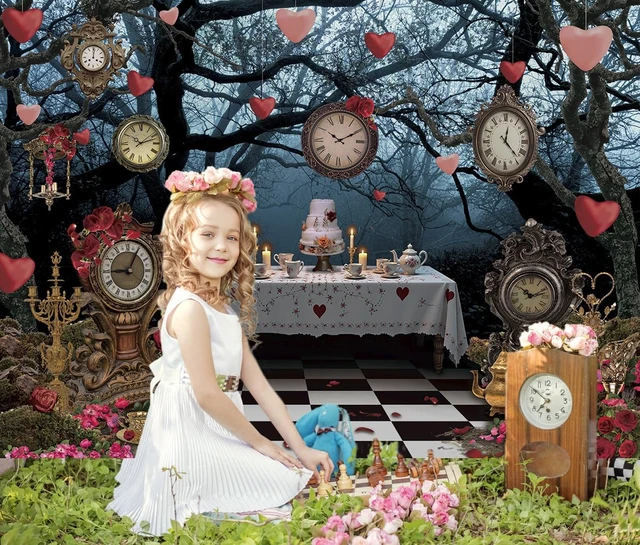 Alt view image 5 of 7 - Wonderland Enchanted Forest Backdrop Rose Floral Pocket Watch Cake Table Checkerboard Tea Party Photography Background Kids Adult Birthday Baby Shower Halloween Party Decor Banner Photo Props (8x6FT)