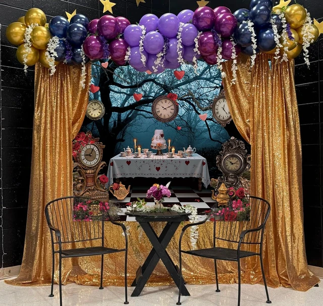 Alt view image 6 of 7 - Wonderland Enchanted Forest Backdrop Rose Floral Pocket Watch Cake Table Checkerboard Tea Party Photography Background Kids Adult Birthday Baby Shower Halloween Party Decor Banner Photo Props (8x6FT)