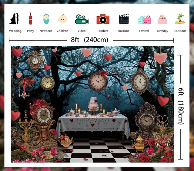 Alt view image 7 of 7 - Wonderland Enchanted Forest Backdrop Rose Floral Pocket Watch Cake Table Checkerboard Tea Party Photography Background Kids Adult Birthday Baby Shower Halloween Party Decor Banner Photo Props (8x6FT)